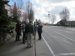 Discussing bike lane and car lane widths on Gorge Road.